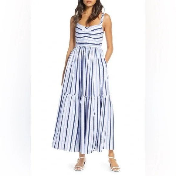 J. CREW Shirting Stripe Tiered Maxi Dress Size 6 Spaghetti Straps 100# Cotton - Picture 4 of 16